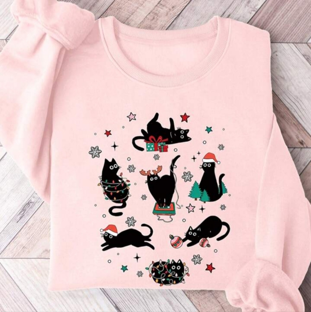 Purr-fectly Festive Black Cat Christmas Sweater Womens Small